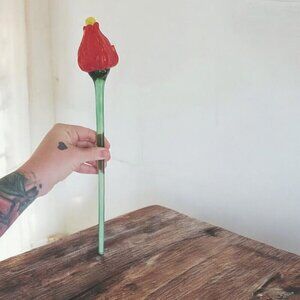 Hand Blown Art Glass Long Stem Tulip Flower 14.25 Inches Long Red Unsigned EUC